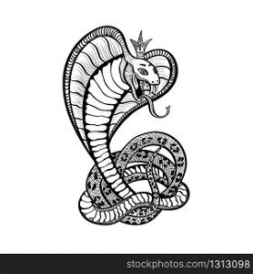 Snake tattoo art design, vector cobra viper in royal crown with tongue and fangs. Hand drawn Japanese viper snake or rattlesnake in rings, t-shirt print template and biker club sign. Viper snake cobra in crown, tattoo art design