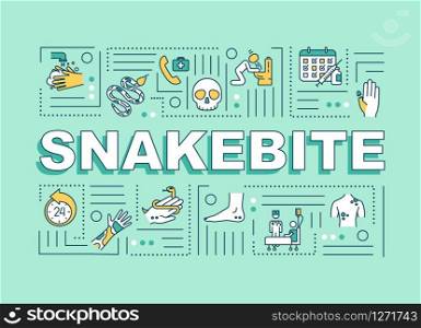 Snakebite first aid and medication, injury allergic reaction symptom word concepts banner. Infographics with linear icons on blue background. Isolated typography. Vector outline RGB color illustration