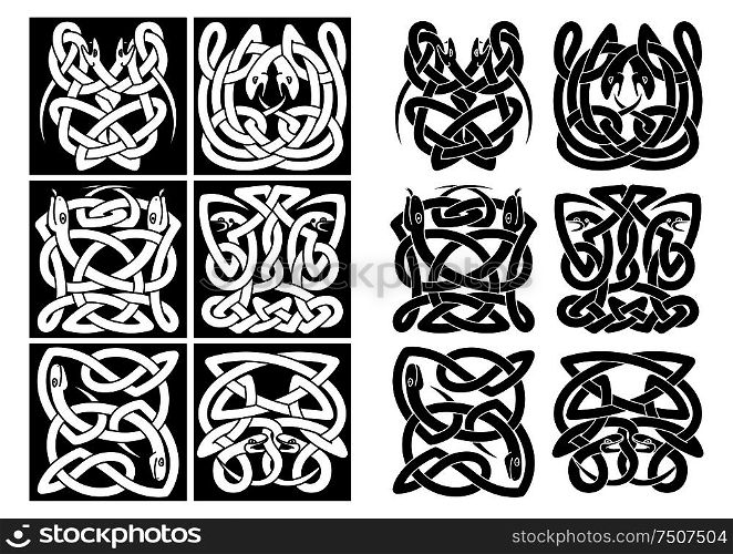 Snakes and reptiles celtic patterns in black or white colors. For art or tattoo design. Snakes and reptiles celtic patterns