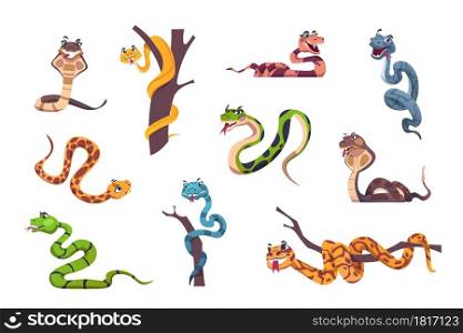 Snakes character. Cute animal mascot with funny face emotions for kids illustration. Wild reptile of tropical nature. Isolated striped or spotted creeping predators. Vector cartoon exotic serpents set. Snakes character. Cute animal mascot with funny face emotions for kids illustration. Wild reptile of tropical nature. Striped or spotted creeping predators. Vector exotic serpents set