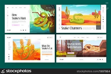 Snakes life in the wild cartoon landing pages. in forest and green tree python, Ahaetulla prasinus and Trimeresurus Salazar in their natural habitat, reptile lifestyle, Cartoon vector web banners set. Snakes life in the wild cartoon landing pages set