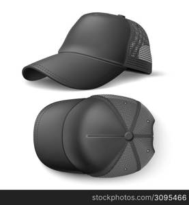 Snapback baseball cap mockup. Realistic black sports headdress with visor and translucent mesh on occipital part, top and side view, empty textile marketing branding template, vector isolated set. Snapback baseball cap mockup. Realistic black sports headdress with visor and translucent mesh on occipital part, top and side view, empty textile marketing branding template vector set