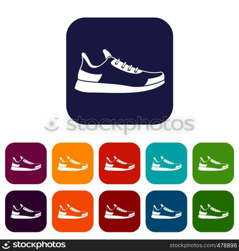 Sneaker icons set vector illustration in flat style in colors red, blue, green, and other. Sneaker icons set