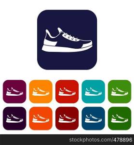 Sneaker icons set vector illustration in flat style in colors red, blue, green, and other. Sneaker icons set
