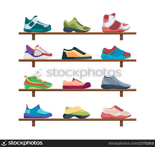 Sneakers collection. Sport footwear athletic fashioned colored shoes garish vector casual running sneakers for men and women. Footwear for sport, shoe walkin and active running illustration. Sneakers collection. Sport footwear athletic fashioned colored shoes garish vector casual running sneakers for men and women