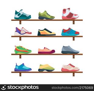 Sneakers collection. Sport footwear athletic fashioned colored shoes garish vector casual running sneakers for men and women. Footwear for sport, shoe walkin and active running illustration. Sneakers collection. Sport footwear athletic fashioned colored shoes garish vector casual running sneakers for men and women