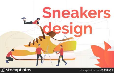 Sneakers design flyer template. Sport shoes designers working on new sneakers. Fashion concept. Vector illustration can be used for footwear production, manufacture, factory
