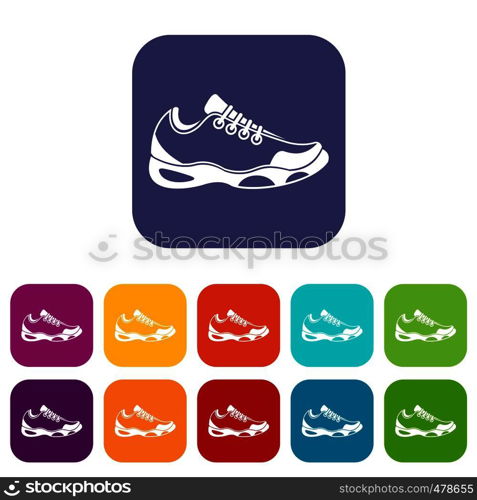 Sneakers for tennis icons set vector illustration in flat style in colors red, blue, green, and other. Sneakers for tennis icons set