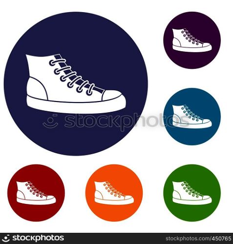 Sneakers icons set in flat circle reb, blue and green color for web. Sneakers icons set