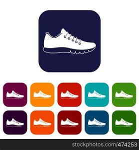 Sneakers icons set vector illustration in flat style In colors red, blue, green and other. Sneakers icons set