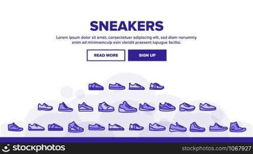 Sneakers Landing Web Page Header Banner Template Vector. Man And Woman Shoes Sneakers Linear Pictograms. Boots Footweare Stock Fashion Modern Accessory Illustration. Sneakers Landing Header Vector