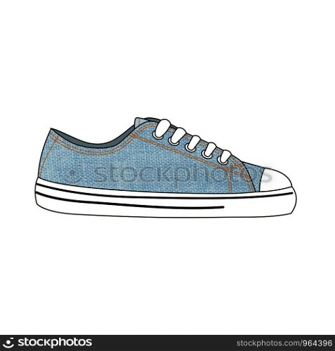Sneakers. Mens and womens sports and casual shoes. Outline drawing. Denim texture. Sneakers. Mens and womens sports and casual shoes. Outline drawing. Denim texture.