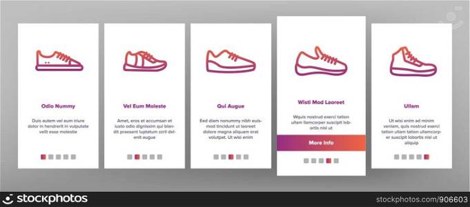 Sneakers Onboarding Mobile App Page Screen Vector. Man And Woman Shoes Sneakers Linear Pictograms. Boots Footweare Stock Fashion Modern Accessory Contour Illustrations. Sneakers Onboarding Vector