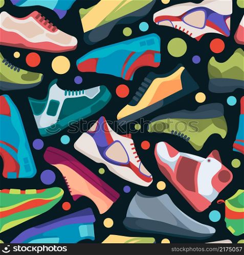 Sneakers pattern. Textile design with athletic streetwear sneakers for sport runners garish vector seamless background. Fitness sport footwear, pattern runner seamless illustration. Sneakers pattern. Textile design with athletic streetwear sneakers for sport runners garish vector seamless background