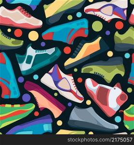 Sneakers pattern. Textile design with athletic streetwear sneakers for sport runners garish vector seamless background. Fitness sport footwear, pattern runner seamless illustration. Sneakers pattern. Textile design with athletic streetwear sneakers for sport runners garish vector seamless background