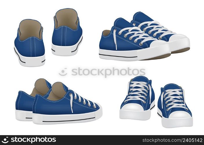 Sneakers realistic. Sport shoes for active lifestyle basketball or tennis sneakers decent vector pictures isolated on white. Illustration of sneakers active for gym. Sneakers realistic. Sport shoes for active lifestyle basketball or tennis sneakers decent vector pictures isolated on white