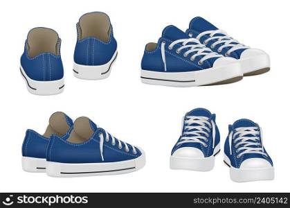 Sneakers realistic. Sport shoes for active lifestyle basketball or tennis sneakers decent vector pictures isolated on white. Illustration of sneakers active for gym. Sneakers realistic. Sport shoes for active lifestyle basketball or tennis sneakers decent vector pictures isolated on white