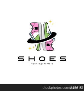 Sneakers Shoe Logo Design, vector illustration of trending youth footwear, simple funky concept