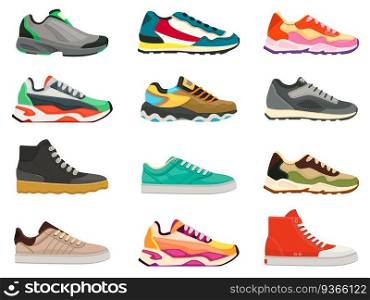 Sneakers shoes. Fitness footwear for sport, running and training. Colorful modern shoe designs. Sneaker side view cartoon icons vector set. Bright massive footwear for casual lifestyle. Sneakers shoes. Fitness footwear for sport, running and training. Colorful modern shoe designs. Sneaker side view cartoon icons vector set