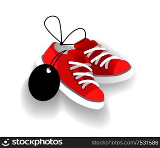 Sneakers with blank price tag, footwear shopping. Outfit item for sale, badge template, online commerce icon, retail vector illustration isolated. Sneakers with Blank Price Tag, Footwear Shopping