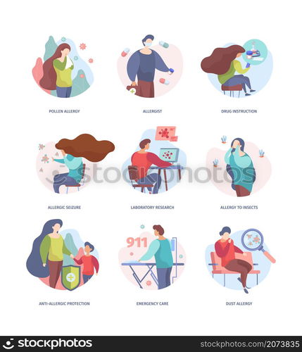 Sneezing allergies. Sickness characters season medical respiration problems vector garish flat. Medical allergic situation, influenza illness illustration. Sneezing allergies. Sickness characters season medical respiration problems vector garish flat pictures