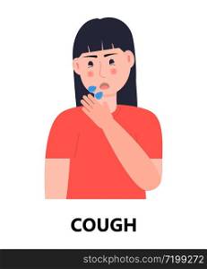 Sneezing, cough girl icon vector. Flu, cold, coronavirus symptom is shown. Woman sneeze in hands taking wipe. Infected person illustration. Respiratory disease concept.. Sneezing, cough girl icon vector. Flu, cold, coronavirus symptom is shown. Woman sneeze in hands taking wipe. Infected person illustration. Respiratory disease