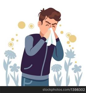Sneezing man. Spring allergy, symptom sickness runny, itchy and sneeze, cough and lacrimation, healthcare chronicity problems flat vector concept. Sneezing man. Spring allergy, symptom sickness runny, itchy and sneeze, cough and lacrimation, healthcare problems flat vector concept