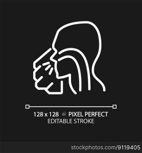 Sneezing pixel perfect white linear icon for dark theme. Infectious respiratory disease. Virus spreading prevention. Thin line illustration. Contour symbol. Vector outline drawing. Editable stroke. Sneezing pixel perfect white linear icon for dark theme