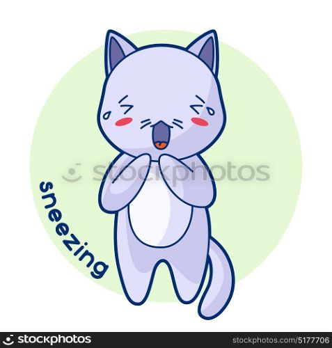 Sneezing sick cute kitten. Illustration of kawaii cat. Sneezing sick cute kitten. Illustration of kawaii cat.