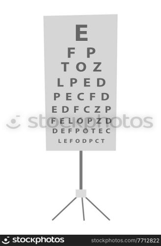 Snellen hart vector illustration. Equipment for examination of eyesight isolated on white background. Table with letters and symbols on an iron stand. Element of the ophthalmologist s office interior. Snellen hart vector illustration. Equipment to examine of eyesight isolated on white background