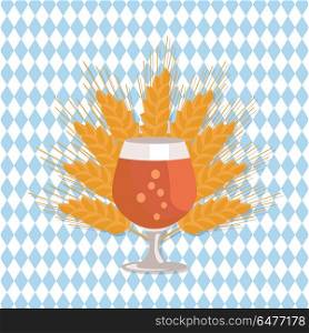 Snifter Beer in Transparent Glassware Vector. Snifter glass of beer vector illustration on checkered backdrop with ears of wheat on background. Dark alcohol beverage, symbol of Oktoberfest