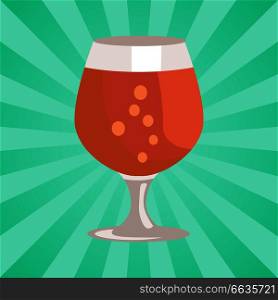 Snifter glass of beer in transparent glassware on abstract background with rays vector. Dark alcohol beverage, symbol of Oktoberfest in cartoon style. Snifter Beer in Transparent Glassware Vector