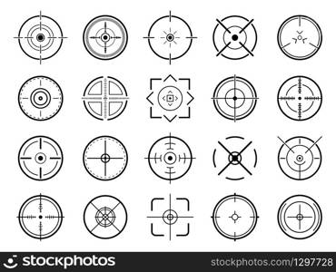 Sniper aim pointer. Target navigation, sniper weapon mark cursor, different focus military sight and focused eye shooting aims vector symbols set. Focus sniper, sight military for shoot illustration. Sniper aim pointer. Target navigation, sniper weapon mark cursor, different focus military sight and focused eye shooting aims vector symbols set