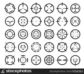 Sniper aim pointer. Weapon targeting pointers, aiming mark and aims target sight marks or targets eye focus military shooting weapon vector isolated symbols set. Sniper aim pointer. Weapon targeting pointers, aiming mark and aims target sight vector symbols set