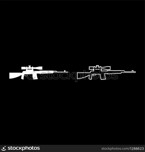 Sniper rifle icon outline set white color vector illustration flat style simple image. Sniper rifle icon outline set white color vector illustration flat style image