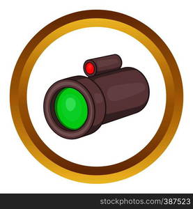 Sniper rifle telescope scope glass lens vector icon in golden circle, cartoon style isolated on white background. Sniper rifle telescope vector icon