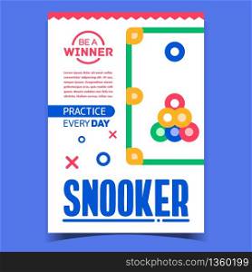 Snooker Billiard Game Advertising Banner Vector. Snooker Table With Pools And Balls Gaming Equipment. Sport Competition And Championship Concept Template Stylish Colorful Illustration. Snooker Billiard Game Advertising Banner Vector