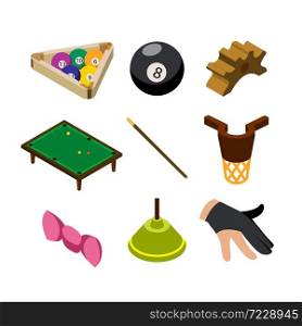 Snooker Game Pay Equipment Collection Isometric Set Vector. Snooker Table And Triangle Tool With Balls, Black Eight And Glove For Fingers, Billiard Cue And Rack. Gaming Accessories Illustrations. Snooker Game Pay Equipment Collection Set Vector