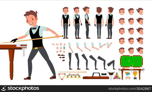 Snooker Player Male Vector. Animated Character Creation Set. Billiard. Man Full Length, Front, Side, Back View, Accessories, Poses, Face Emotions, Gestures. Isolated Flat Cartoon Illustration. Snooker Player Male Vector. Animated Character Creation Set. Billiard. Man Full Length, Front, Side, Back View, Accessories, Poses, Face Emotions Gestures Isolated Illustration