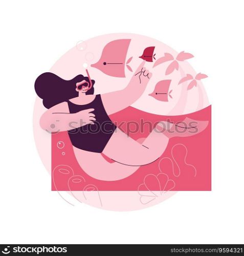 Snorkeling abstract concept vector illustration. Coral reef, underwater mask, summer vacation, scuba diving equipment, sea water, active tourism, exotic travel, lagoon abstract metaphor.. Snorkeling abstract concept vector illustration.