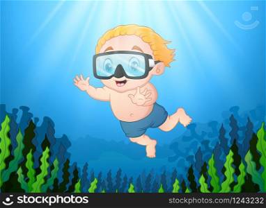 Snorkeling boy cartoon on the sea
