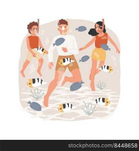 Snorkeling isolated cartoon vector illustration. Kids and parents swimming underwater with a mask, watching fish, tropical water, summer vacation activity, family snorkeling vector cartoon.. Snorkeling isolated cartoon vector illustration.