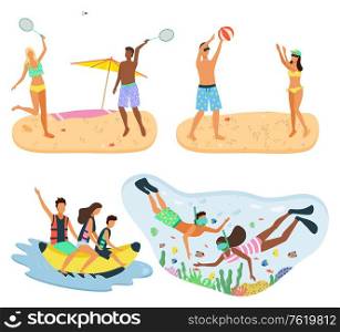 Snorkeling man and woman scuba diving hobby vector. People playing by seaside coast, beach with hot sand, banana boat ride, active holidays flat style. Summertime activity. Tennis Players, Volleyball and Diving Snorkeling