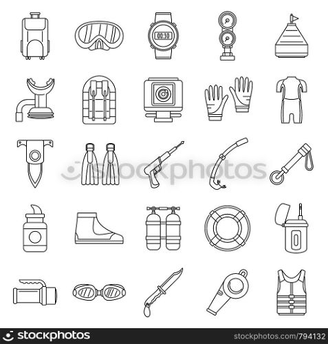 Snorkeling supplies icon set. Outline set of snorkeling supplies vector icons for web design isolated on white background. Snorkeling supplies icon set, outline style