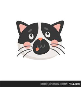 Snout of black and white cat isolated head portrait. Vector puzzled kitten muzzle, cartoon funny feline animal with whiskers, hand drawn home pet. Funny yard cat, playful curious mammal kitten. Surprised curious cat head isolated kitten face