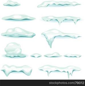 Snow And Ice Elements Set. Illustration of a set of snow caps and snow drifts, isolated on white background, for winter landscapes design