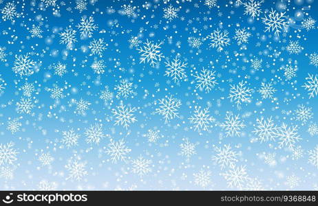 Snow background. Winter snowfall. White snowflakes on blue sky. Christmas background. Falling snow.