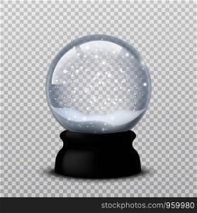 Snow ball. Christmas and new year realistic crystal with snow, xmas magical sphere. Winter souvenir toy, snowglobe vector transparent traditional snowball mockup. Snow ball. Christmas and new year realistic crystal with snow, xmas magical sphere. Winter souvenir toy, snowglobe vector mockup