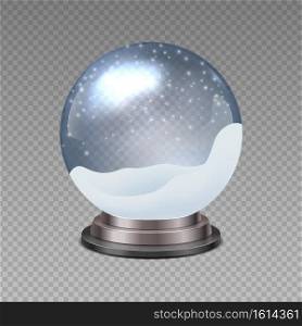 Snow ball. Realistic Christmas snowglobe on transparent background. 3D blank shiny souvenir with white snowflakes. Scratched surface of textured glass sphere. Vector decorative round Xmas toy mockup. Snow ball. Realistic Christmas snowglobe on transparent background. 3D blank souvenir with white snowflakes. Scratched surface of textured glass sphere. Vector decorative Xmas toy mockup