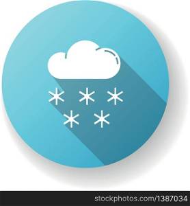Snow blue flat design long shadow glyph icon. Meteorological forecast, wintertime weather forecast. Seasonal atmospheric precipitation. Cloud with snowflakes silhouette RGB color illustration. Snow blue flat design long shadow glyph icon